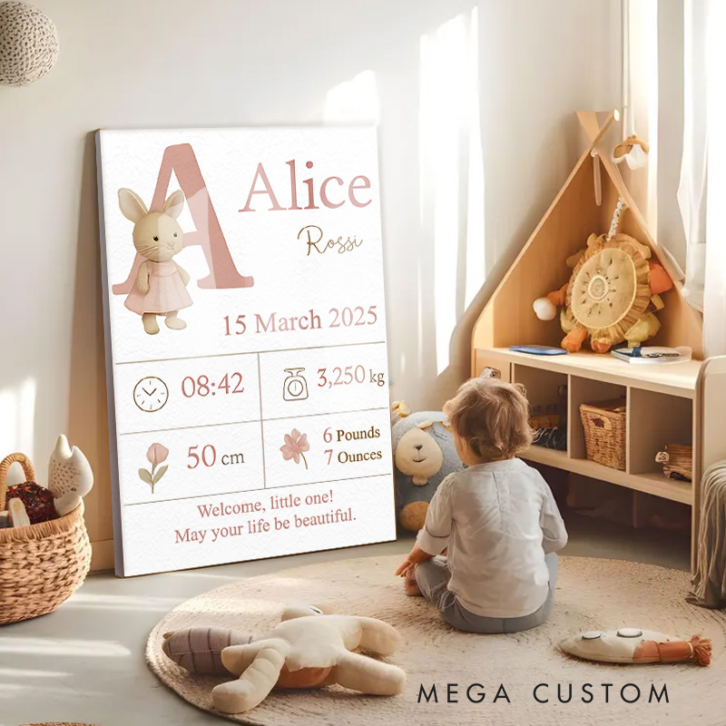 Personalized Birth Announcement with Custom Name Date and Cute Animal Graphic