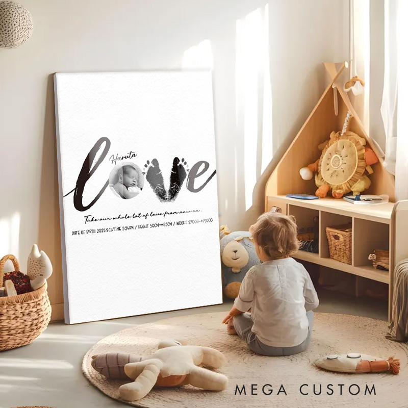 Personalized Love Canvas with Custom Name and Footprint Art for Heartfelt Nursery Wall Decor