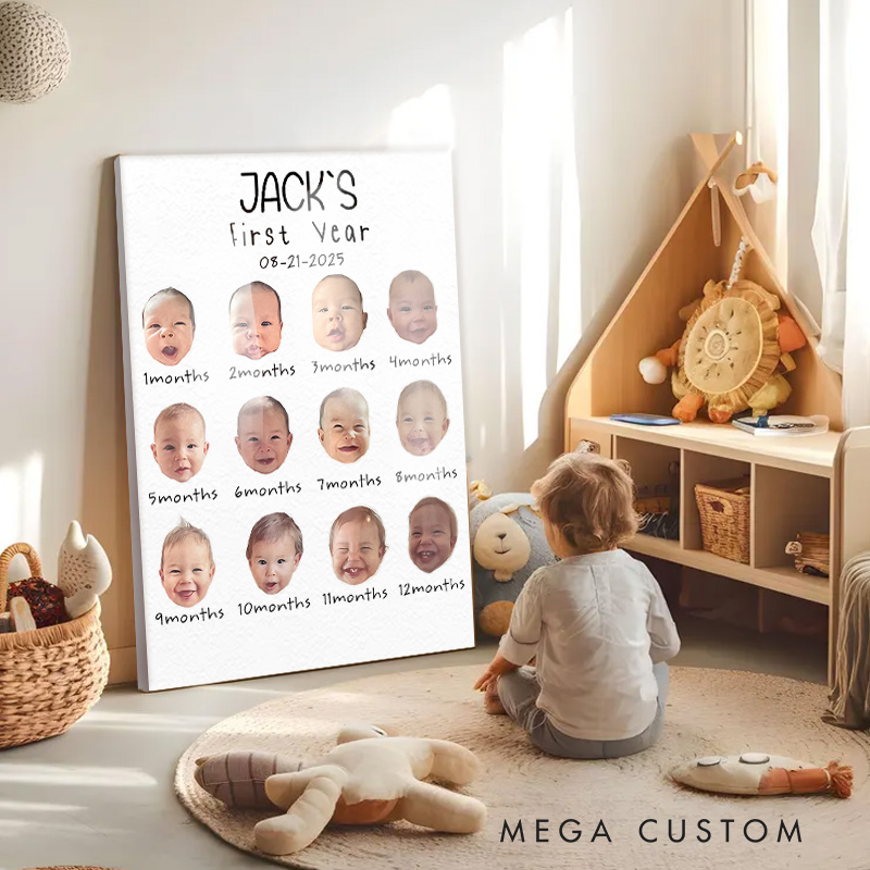 Personalized Baby's First Year Photo Collage with Custom Name and Monthly Milestones for Baby Room