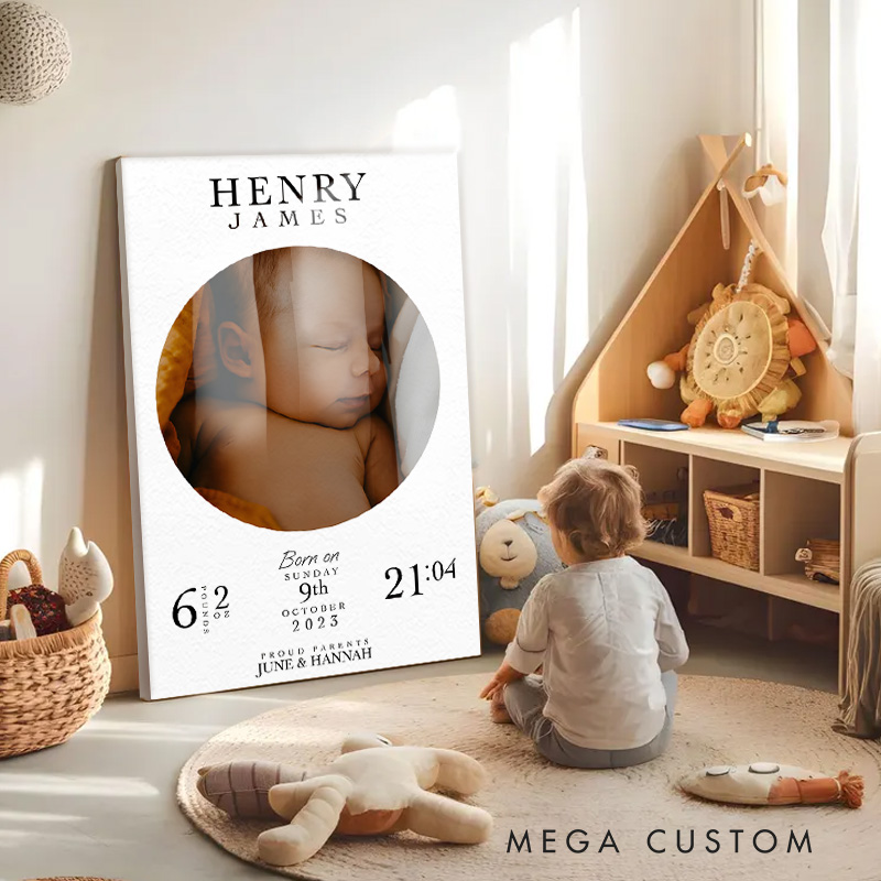Personalized Baby Announcement Canvas with Custom Photo Name and Birth Details for Nursery Decor