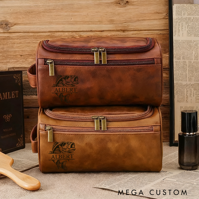Personalized Fishing Gift Men Leather Travel Organizer Essential Wash Kit for Travel Fisherman Perfect Gift for Fishing Lover