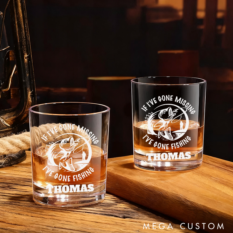 Personalized Whiskey Engraved Glasses with If I've Gone Missing, I've Gone Fishing Design Gift for Fishermen and Whiskey Lover