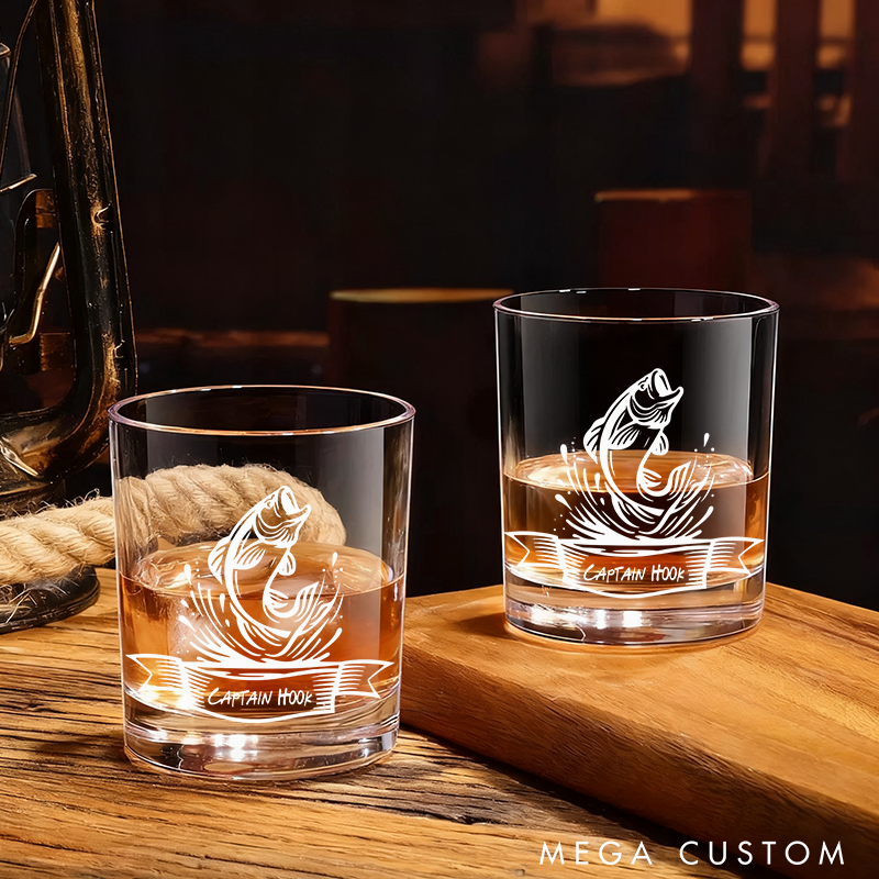 Personalized Whiskey Engraved Glasses Jumping Fish Design Fisherman Gift for Fishermen and Whiskey Lover