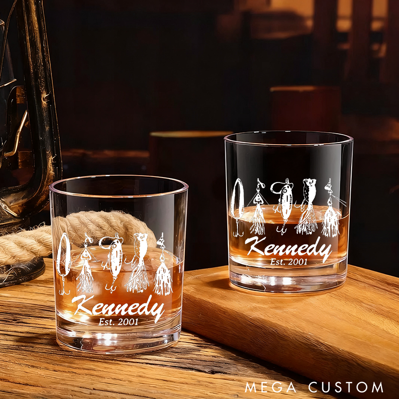Personalized Fishing Whiskey Glass Fishing Lure Design Wine Cocktail and Beer Etched Fish Glassware Perfect Gift for Fishermen and Whiskey Lover