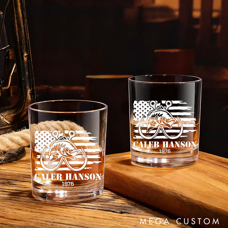 Personalized Fishing Whiskey Glass American Flag and Fish Hook Design Wine Cocktail and Beer Etched Fish Glassware Perfect Gift for Fishermen and Whiskey Lover