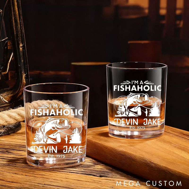 Personalized Fishing Whiskey Glass Unique Engraved Design with Fish and Forest Theme Wine Cocktail and Beer Etched Fish Glassware Fishing Lover Gift for Fishermen and Whiskey Lover