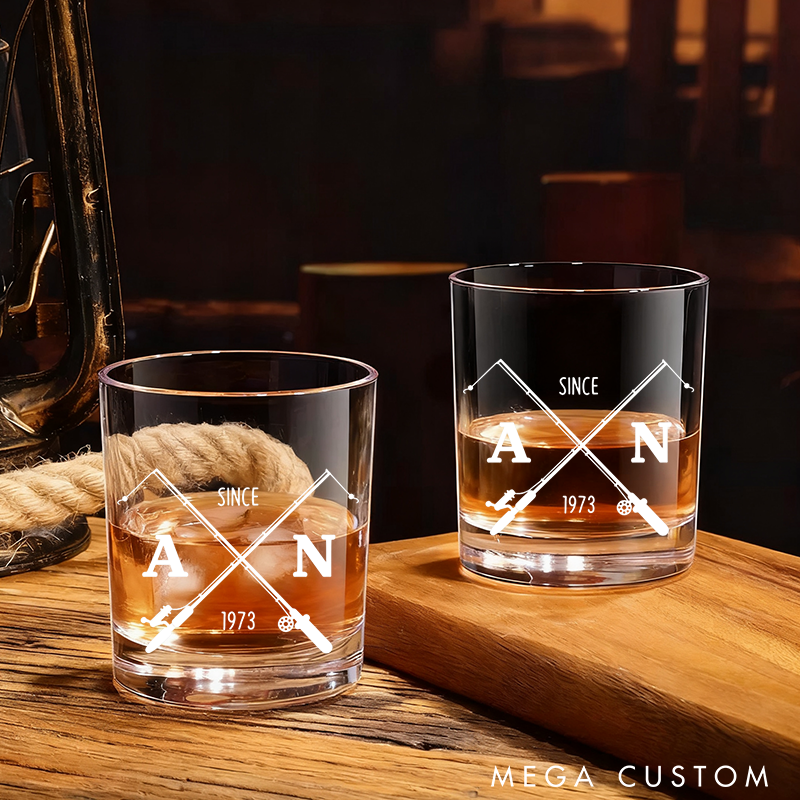 Personalized Fishing Whiskey Glass Crossed Fishing Rod Design Wine Cocktail and Beer Etched Fish Glassware Fishing Lover Gift for Fishermen and Whiskey Lover