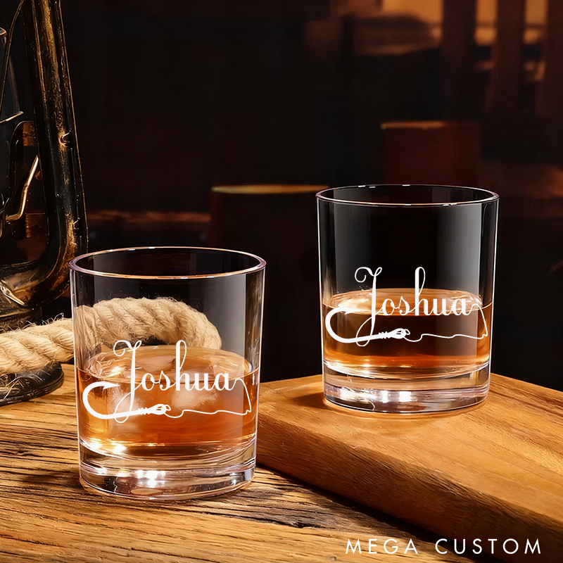 Personalized Fishing Hook Glass Etched Rocks Glasses Bourbon Whiskey Scotch Glasses Fisherman Glass Old Fashioned Glass Unique Gift for Fishing Lover