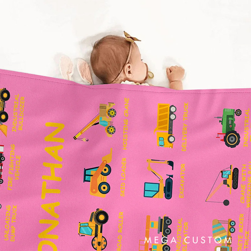 Personalized Work Vehicles Construction Trucks Kids Blanket with Name for Boys Girls Truck Lover Couch Sofa Bed Decor