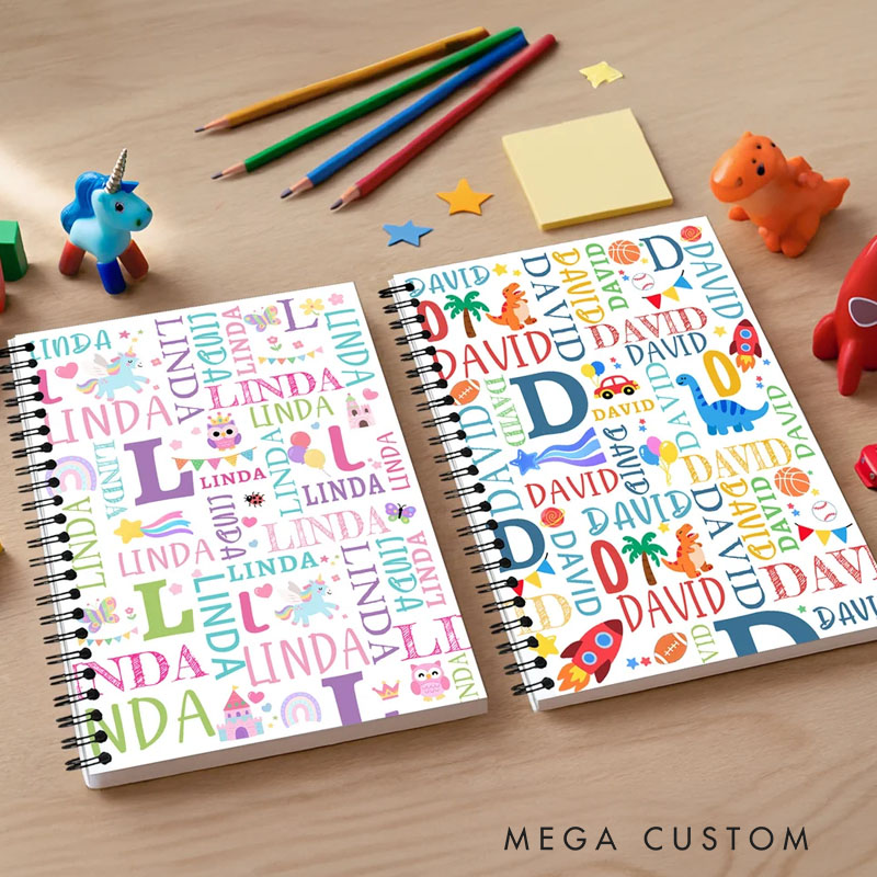 Personalized Fantasy Unicorn Dinosaur Name Cloud Spiral Notebook with Initial Back to School Birthday Gift for Kids