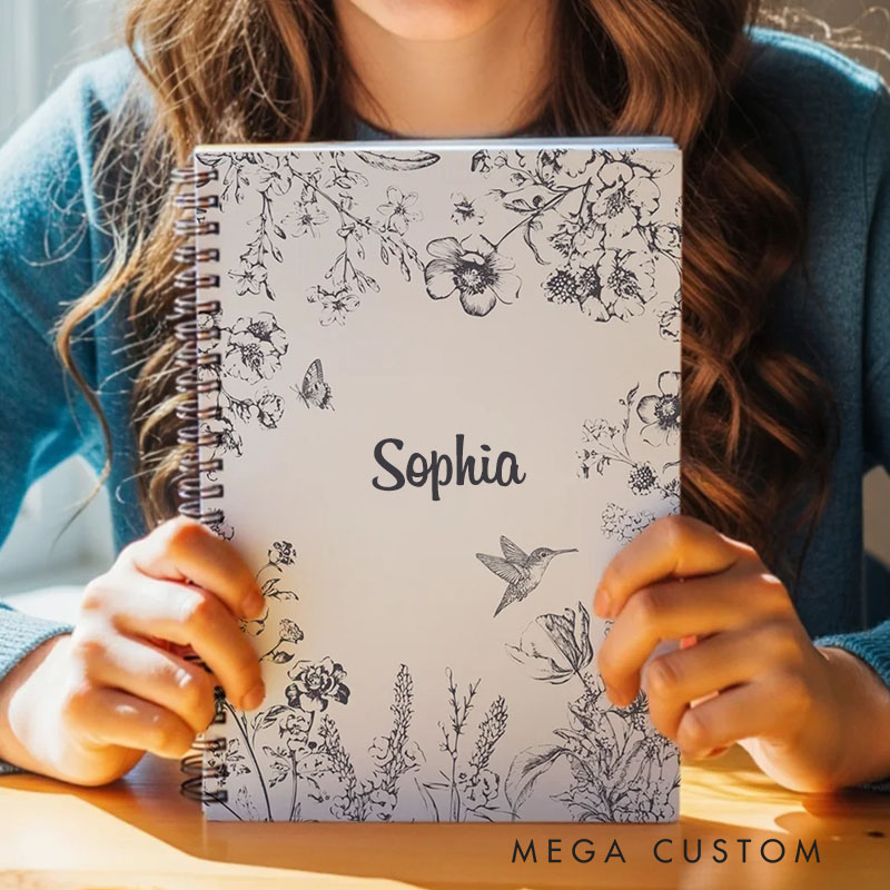 Personalized Toile De Jouy Floral Butterfly Hummingbird Spiral Notebook with Birthday Christmas Gift for Women Girls