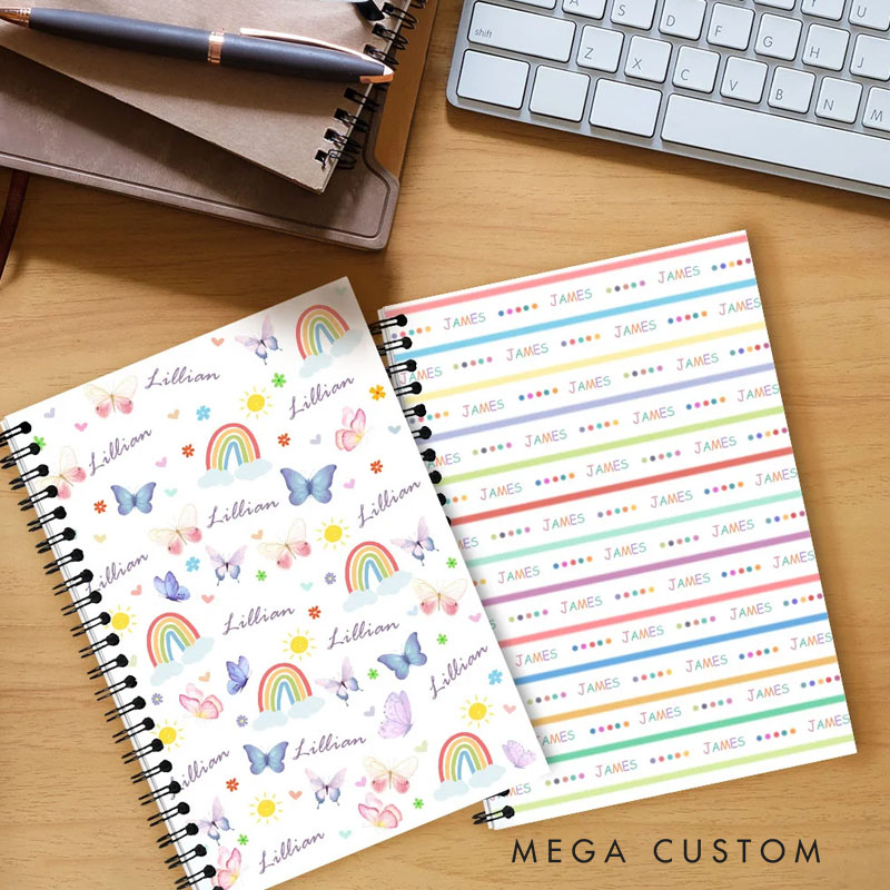 Personalized Colorful Butterfly Rainbow Spiral Notebook with Name Birthday Friendship Back To School Gift for Kids Friends