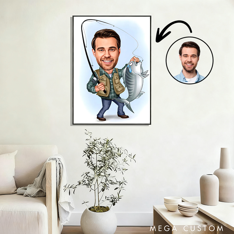 Personalized Cartoon Fisherman Portrait Fishing Gift For Men Custom Fisherman Caricature Drawing from Photo Funny Fisherman Caricature Gift for Fisherman