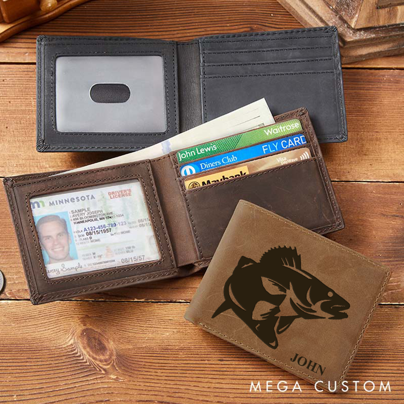 Personalized Rustic Leather Fishing Wallet Engraved Fish BiFold Genuine Leather Wallet for Father's Day Perfect Gift for Angler and Outdoor Enthusiast
