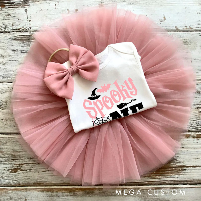 Personalized Spooky One Baby Tutu Skirt with Halloween Theme and Pink Tulle Perfect for First Birthday Fun