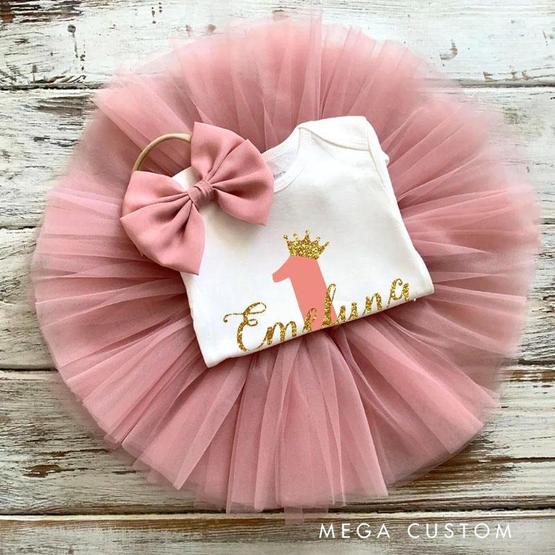 Personalized Golden Crown One Baby Tutu Skirt with Pink Tulle and Custom Name for First Birthday Celebrations