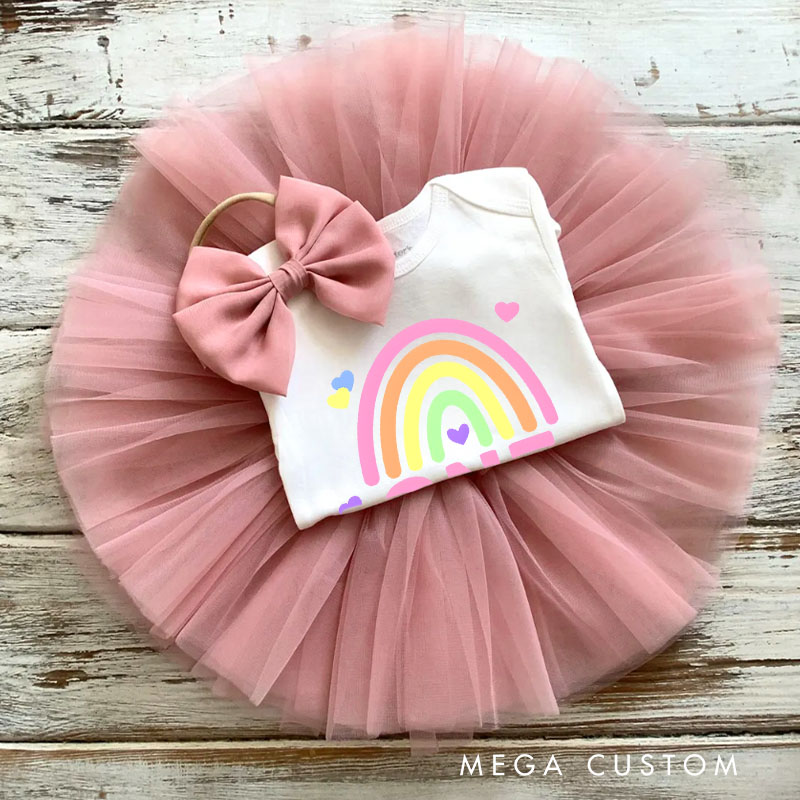 Personalized Rainbow One Baby Tutu Skirt with Colorful Print and Pink Tulle for Joyful First Birthdays