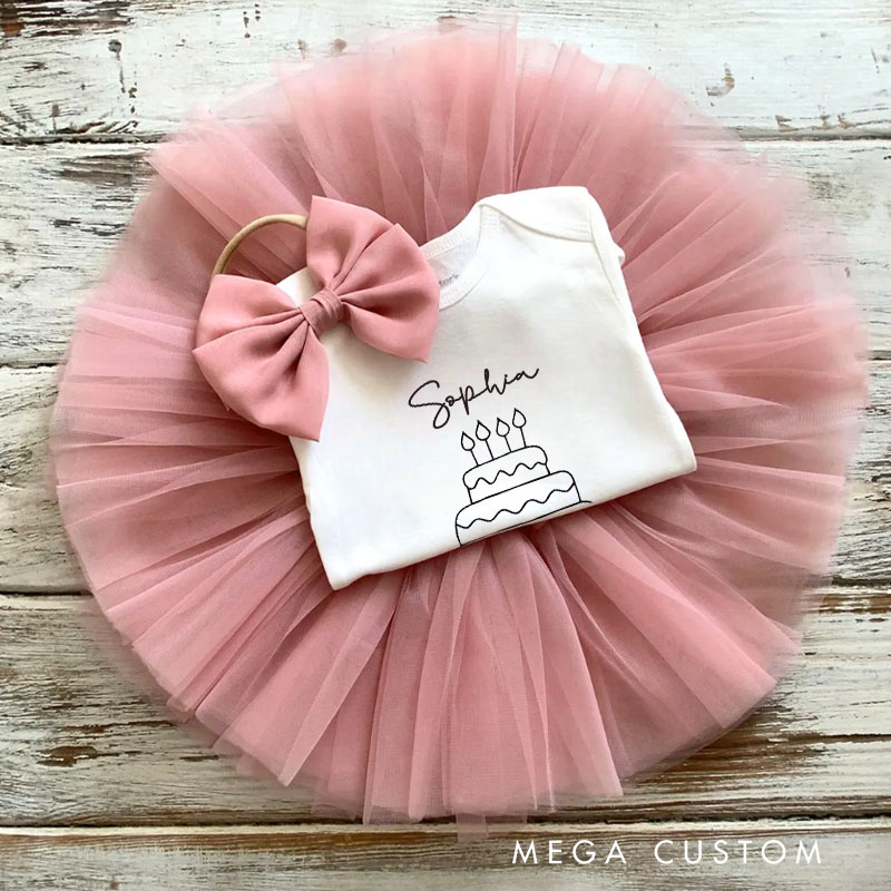 Personalized Name Cake Baby Tutu Skirt Featuring Adorable Cake Design and Pink Tulle for Birthday Fun
