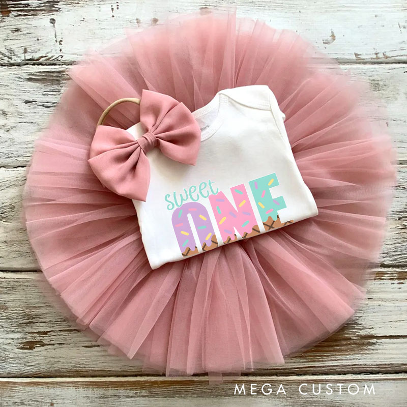 Personalized Sweet One Baby Tutu Skirt with Colorful Design and Pink Tulle for First Birthdays