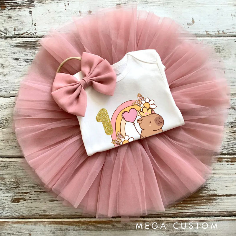Personalized Rainbow Capybara Baby Tutu Skirt with Cute Animal and Colorful Design for First Birthday Celebrations