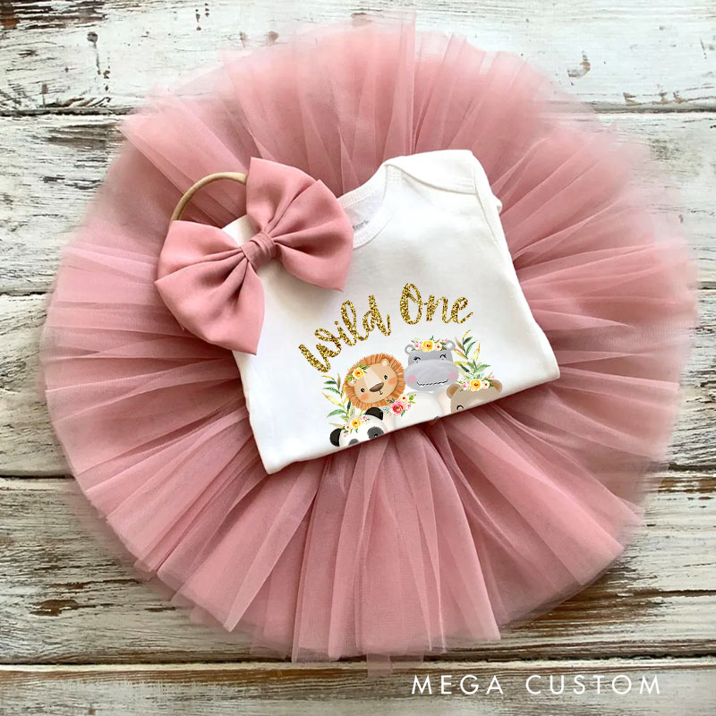 Personalized Wild One Baby Tutu Skirt with Cute Safari Animals and Pink Tulle for Adventurous Little Ones