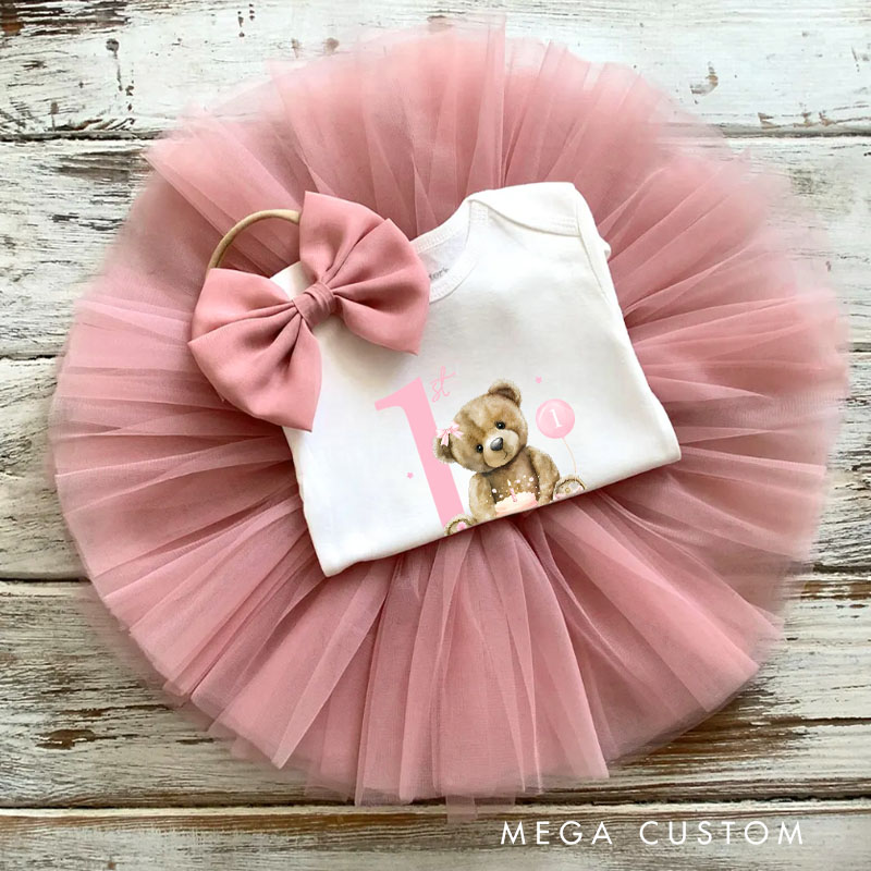 Personalized Teddy Bear One Baby Tutu Skirt with Adorable Bear Design and Pink Tulle for First Birthday Celebrations