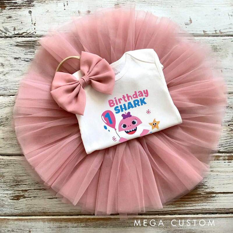 Personalized Birthday Shark Baby Tutu Skirt with Fun Ocean Theme and Pink Tulle for Joyful Birthday Celebrations