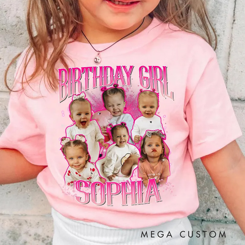 Personalized Name and Kids Birthday Photo Shirt Featuring Adorable Characters and Pink Theme for Birthday Fun