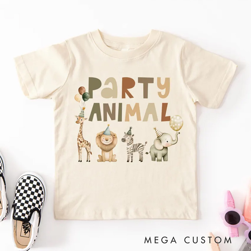 Personalized Party Animal Kids T-Shirt with Cute Animal Graphics and Gold Accents for a Wild Celebration