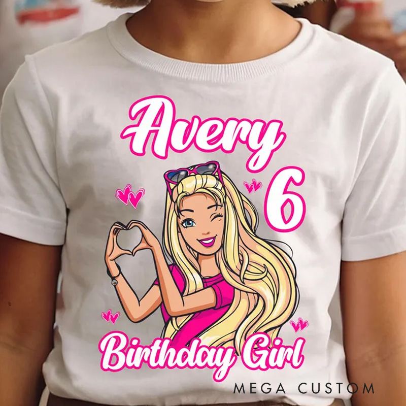 Personalized Birthday Girl Kids T-Shirt with Pink Princess Theme and Name for a Magical Birthday