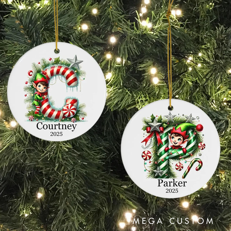 Personalized Festive Initial Christmas Ornament with Elf and Candy Cane Design for Holiday Cheer