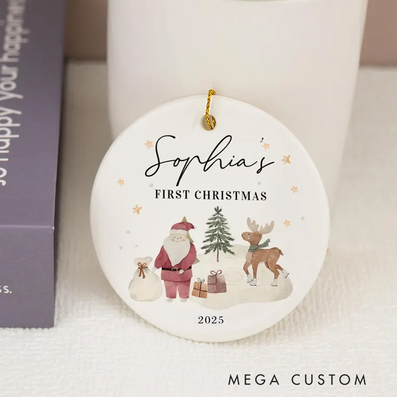 Personalized First Christmas Ornament with Cute Woodland Creatures and Name for a Special Keepsake
