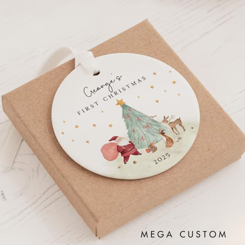 Personalized First Christmas Ornament with Whimsical Forest Scene and Name for a Magical Celebration