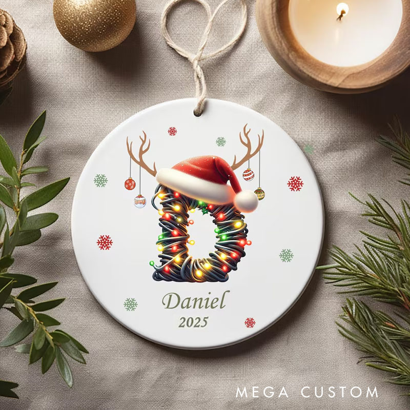 Personalized Initial Christmas Ornament with Reindeer Antlers and Name for a Fun Holiday Touch
