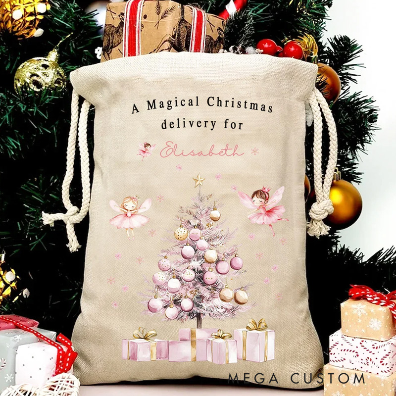 Personalized A Magical Christmas Delivery Pink Fairy Drawstring Bag with Name Christmas Gift for Girls