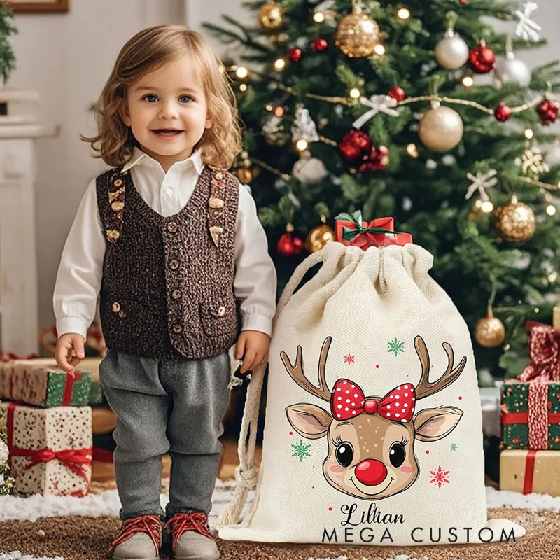 Personalized Reindeer Snowflake Sack Drawstring Treat Bag with Name Christmas Party Favor Gift for Kids Family