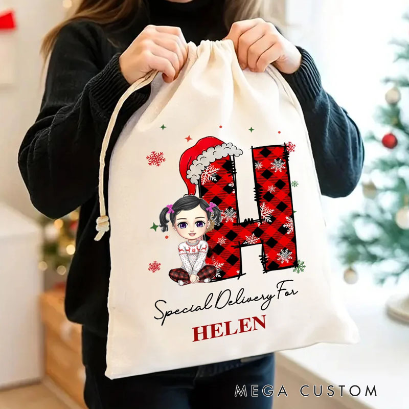Personalized Christmas Cartoon Character Santa Hat Initial Drawstring Bag Christmas Party Gift for Family Girls