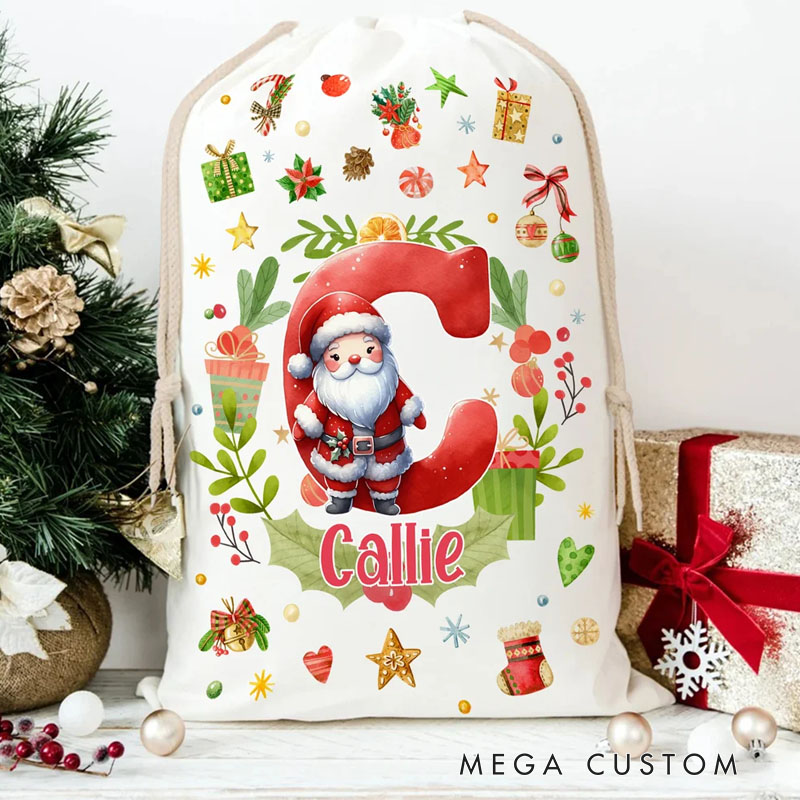 Personalized Snowman Reindeer Penguin Christmas Initial Drawstring Christmas Gift Bag with Name Christmas Eve Party Gift for Kids Family Friends