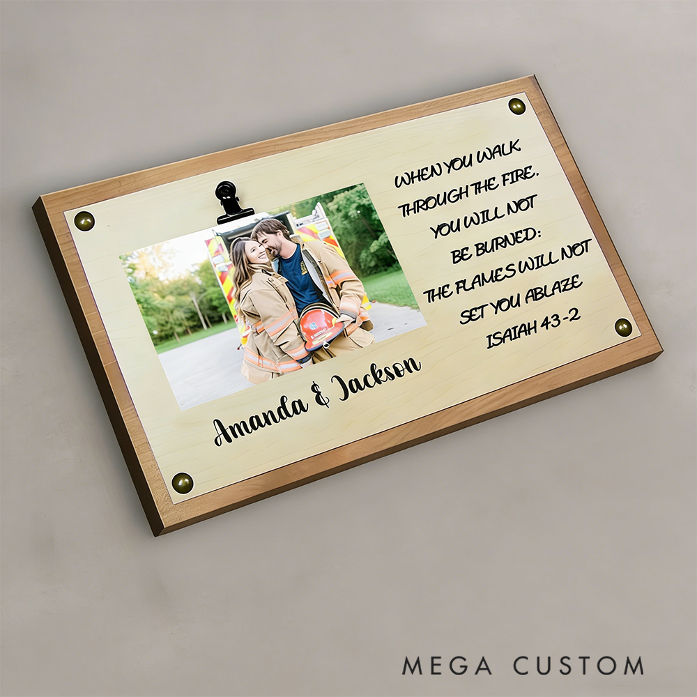 Personalized Firefighter Couple Wooden Photo Frame Inspirational Gift with Bible Verse