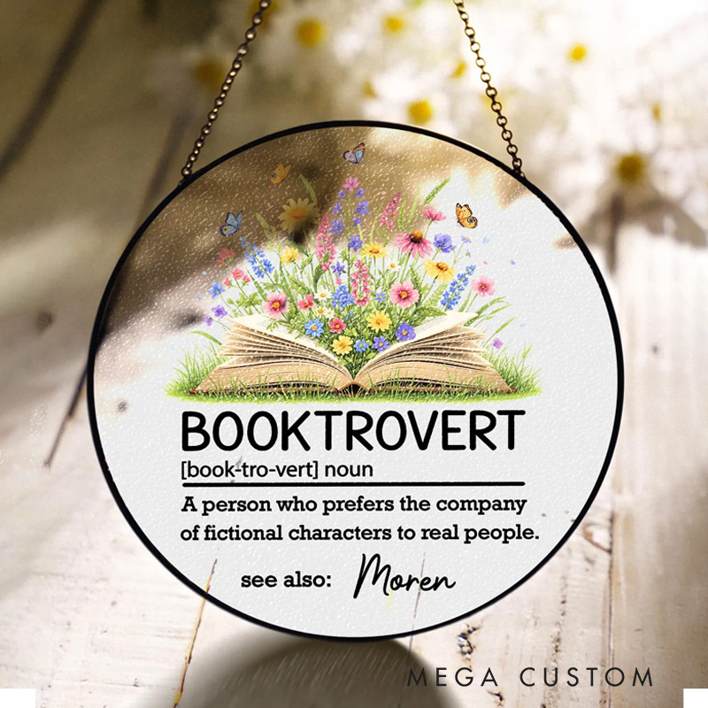 Personalized Booktrovert Stained Glass Suncatcher Flower Book Ornament with Name Bookworm Window Decor Book Lover Gifts Librarian Gift