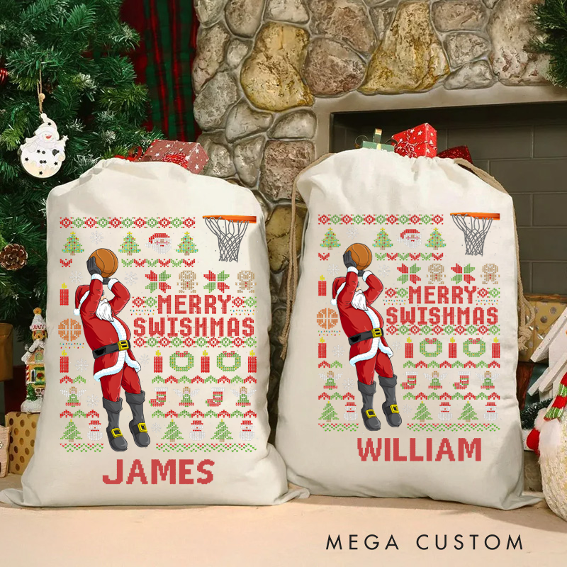 Personalized Christmas Sack with Basketball Santa and Custom Name Design