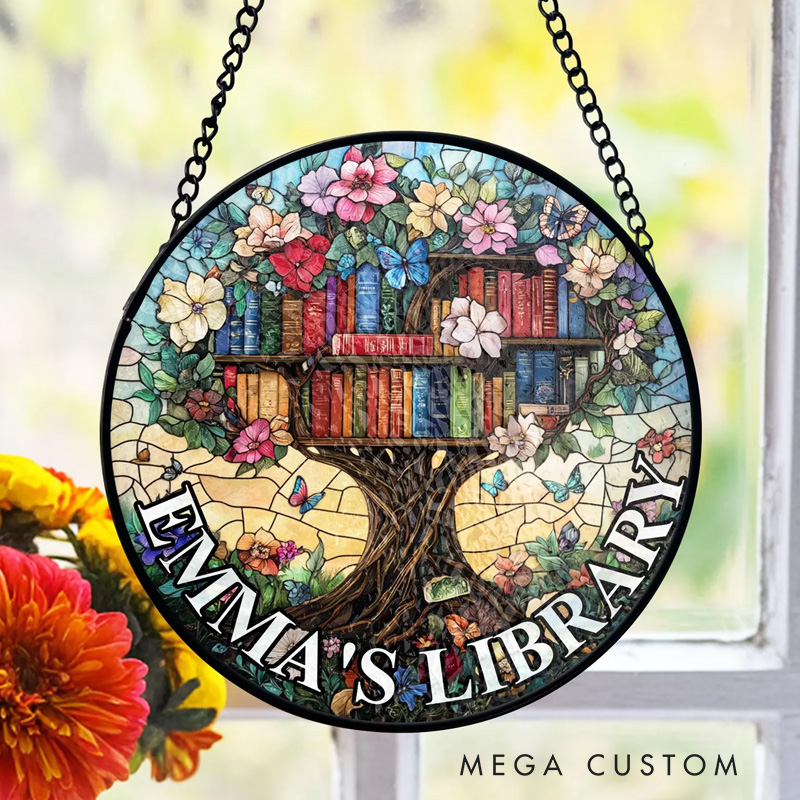 Personalized Library Tree Stained Glass Suncatcher Floral Bookshelf Window Decor with Name Home Library Art for Book Lover Gift Librarian Gift