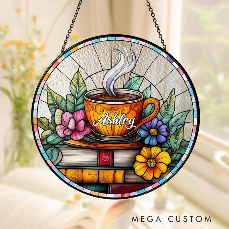 Personalized Floral Book Coffee Stained Glass Suncatcher Reading Suncatcher with Name Window Hanging Decor for Book Lover Gift Librarian Gift