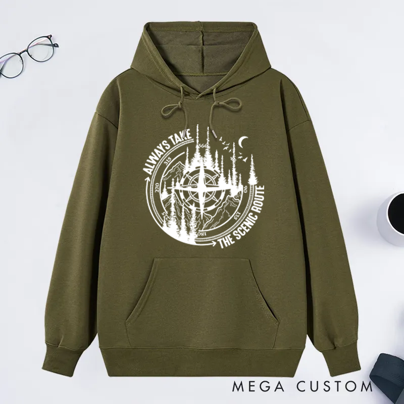 Personalized Scenic Route Classic Hoodies Camping Hiking Nature Hoodie Gift for Campers Outdoors Lover