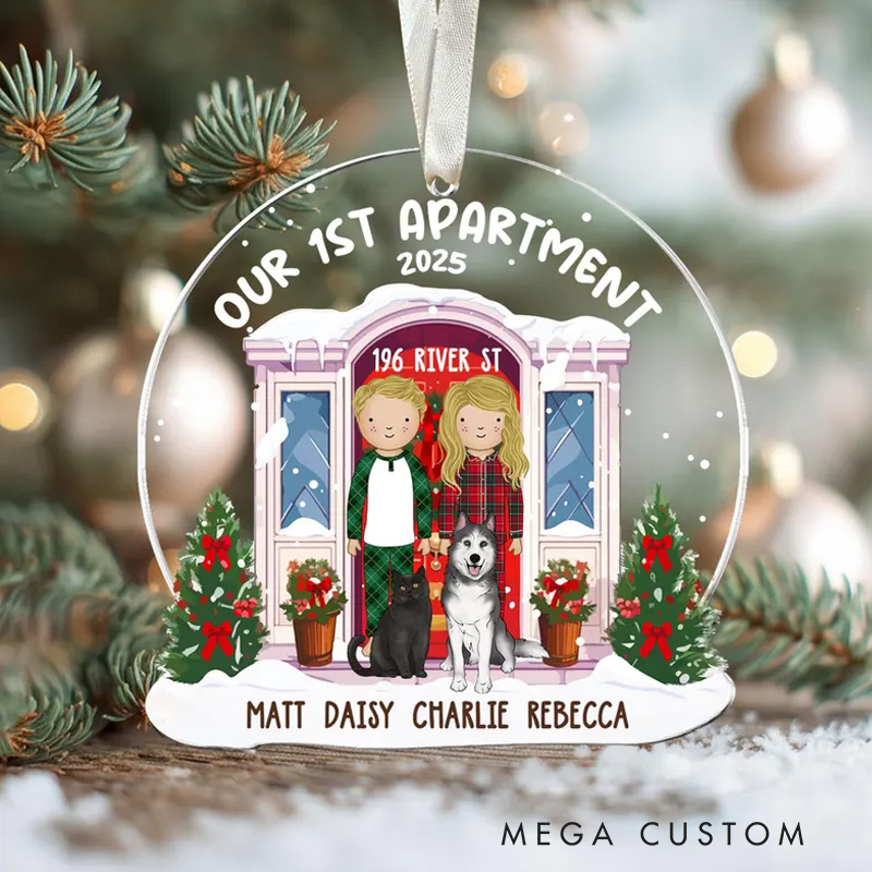 Personalized Our First Apartment Ornament Custom New Home Ornament Couple With Pet Christmas Ornament Our First Home Gift Newlywed Gift
