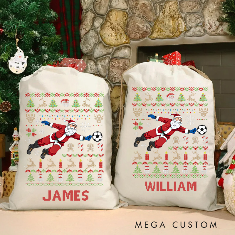 Personalized Christmas Sack with Soccer Santa and Custom Name Design