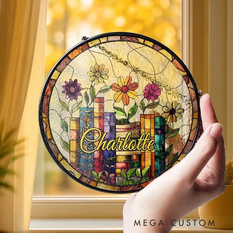 Personalized Flower Book Coffee Stained Glass Suncatcher with Name Window Hanging Decor for Book Lover Gift Librarian Gift
