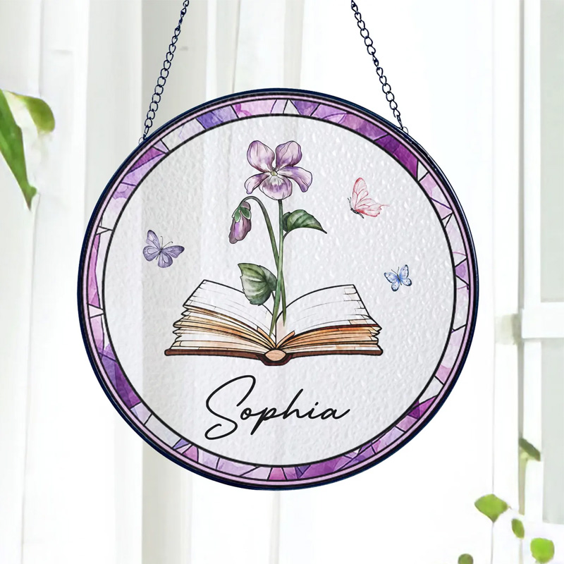 Personalized Birth Flower Book Stained Glass Suncatcher with Name Book Club Window Hanging Decor for Book Lover Gift Librarian Gift