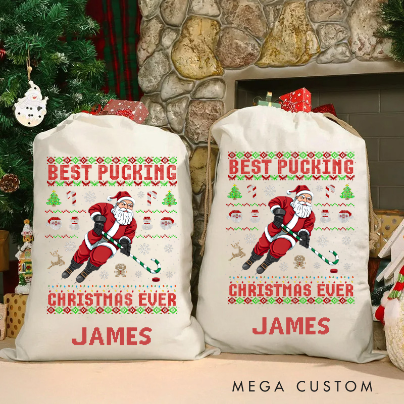 Personalized Christmas Sack with Ice Hockey Santa and Custom Name Design