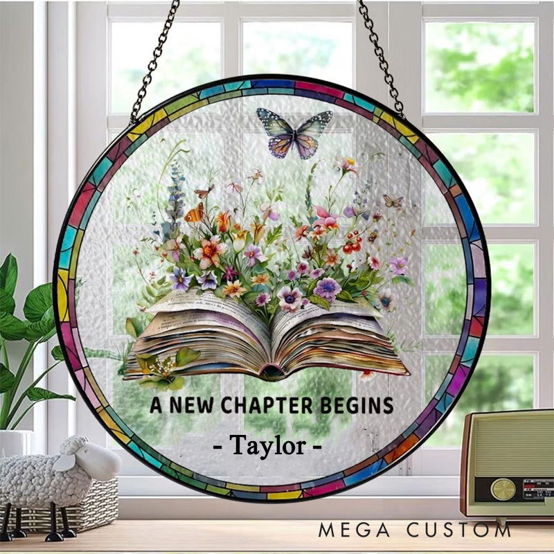 Personalized a New Chapter Begins Stained Glass Suncatcher with Name Floral Book Window Hanging Decor for Book Lover Gift Librarian Gift